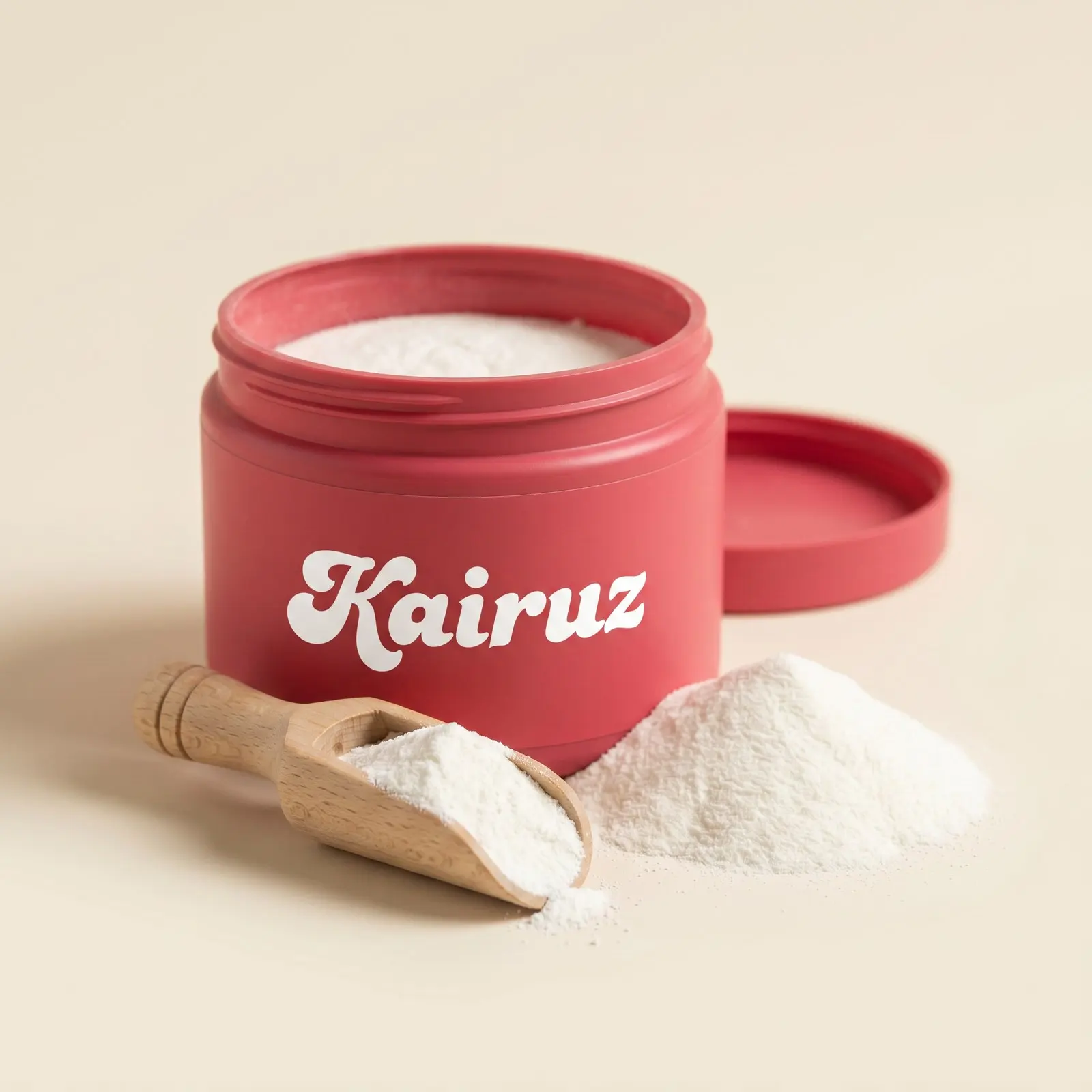 An open Kairuz Collagen tub in watermelon red with a wooden scoop and pure white peptide powder