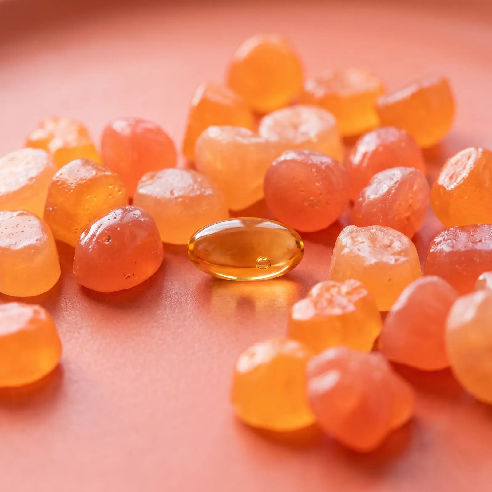 A macro shot of Kairuz gummies and a golden softgel on a coral surface