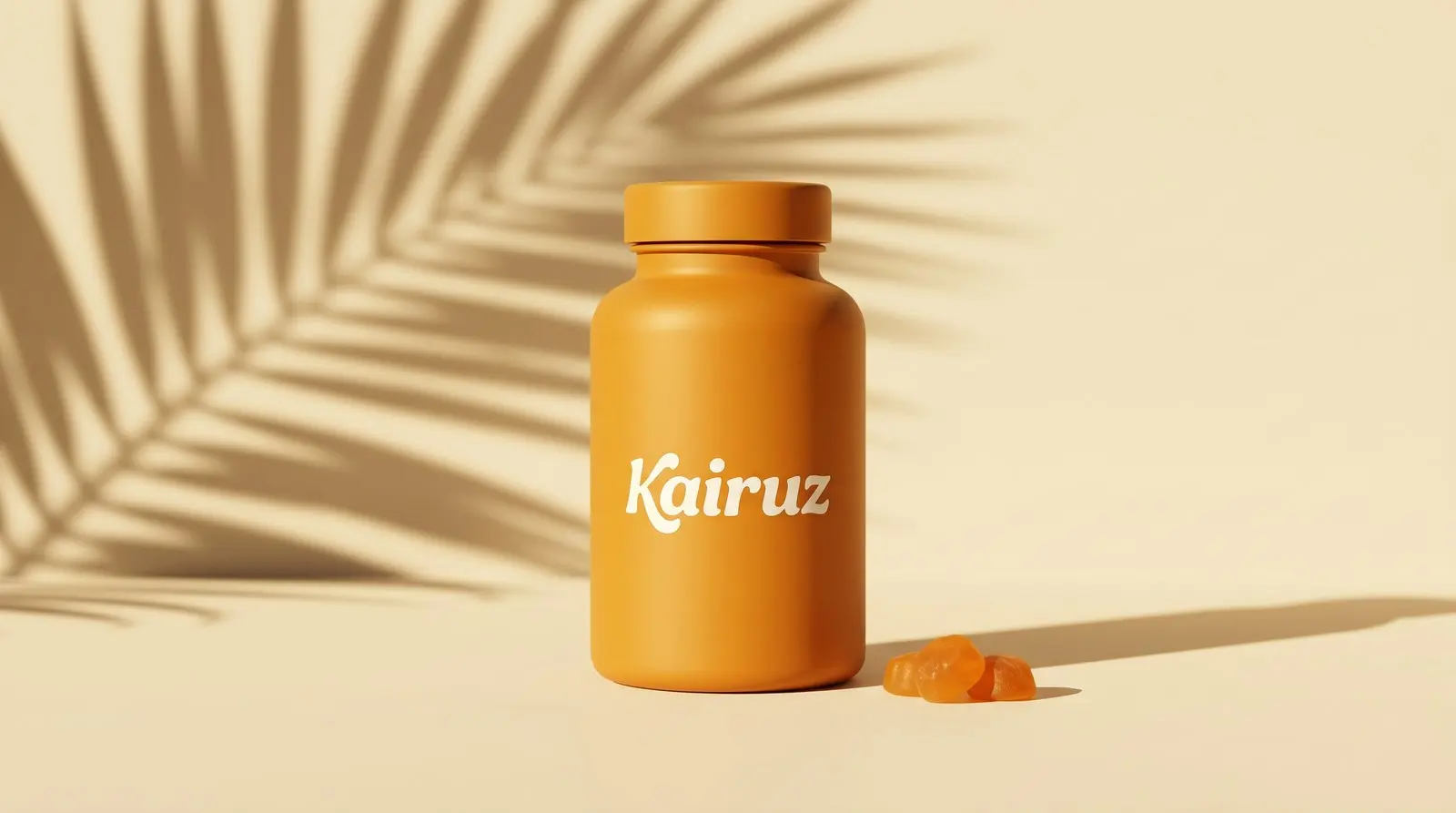 Kairuz D3 mango pack in warm sunlight under a palm shadow, with two gummies beside it